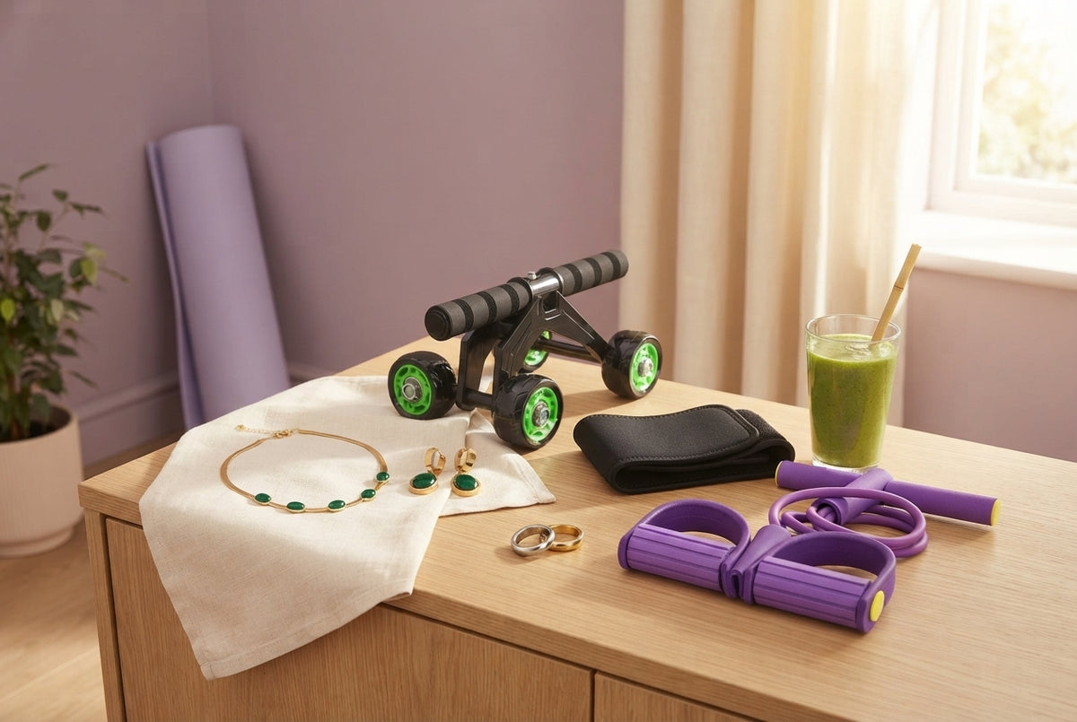 A collection of wellness and fitness items including a green crystal jewellery set, abdominal roller, and yoga equipment in a